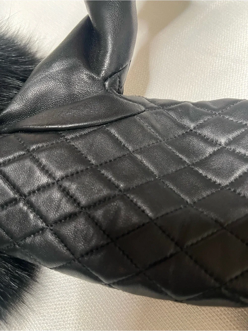 Mitchies Blue Fox Fur Trimmed Quilted Leather Mittens